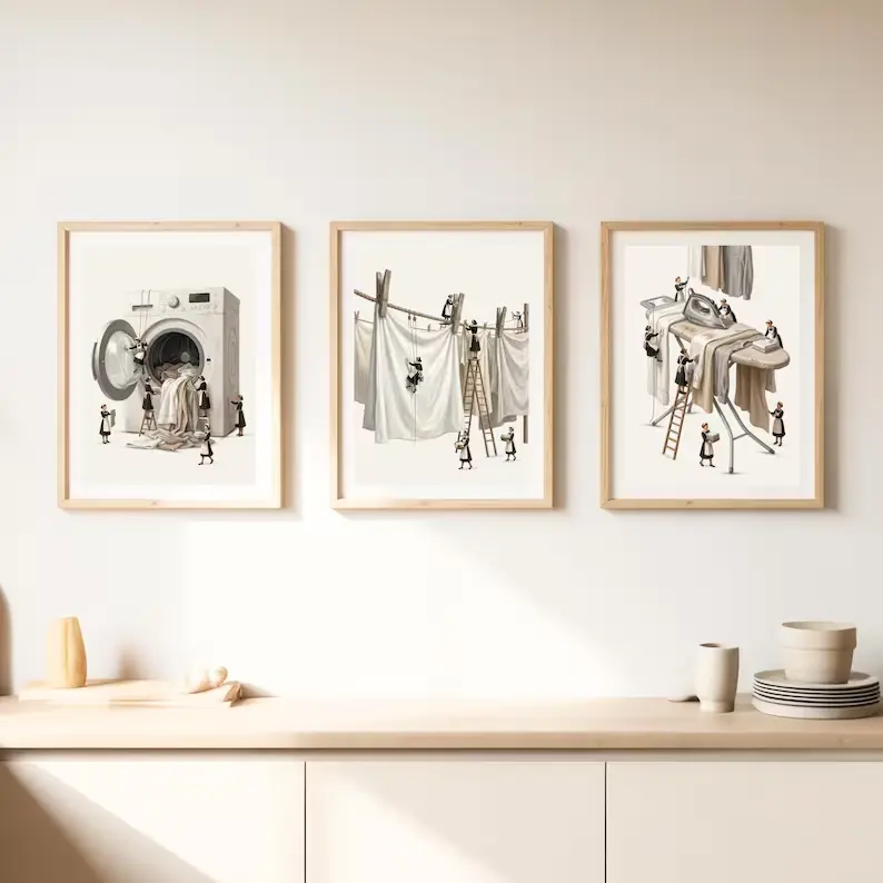 Laundry Room Wall Art Set of 3 | Utility Room Decor Prints | Washing Machine Laundry Line Ironing Board | Neutral Laundry Posters