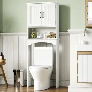 Over The Toilet Storage Cabinet,nOver Toilet Bathroom Organizer with 2 Doors and Open Shelves, Freestanding Space Saver with Anti-Tip Device