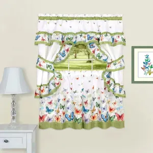 Butterflies 3-Piece Printed Cottage Kitchen Curtain Set, Green, 57x36 Inches