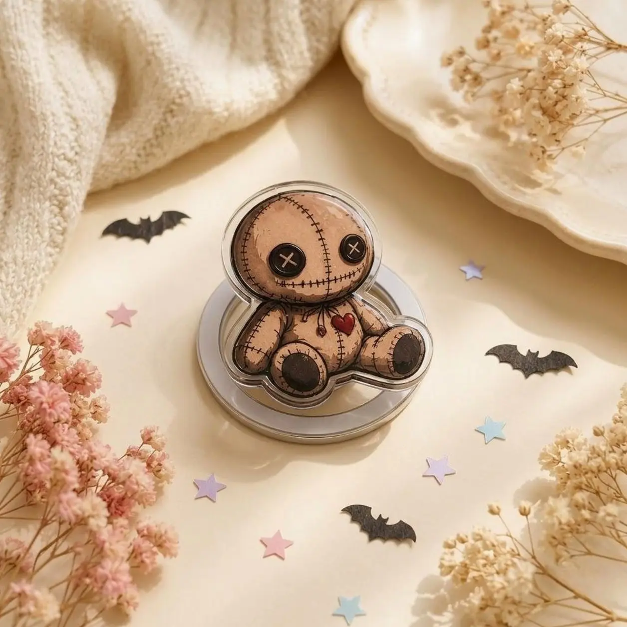 Stitched Rag Doll Phone Grip, Acrylic Collapsible Phone Holder Stand, Creepy Cute Gothic Plush Doll Phone Accessory