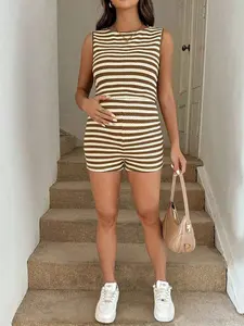 Women's 2pcs Striped Tank Top And Adjustable Waist Maternity Shorts Set, Figure Flattering Summer Clothes