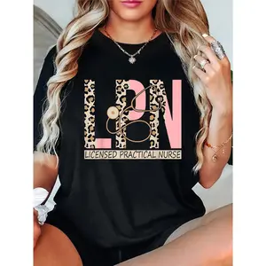 Women's Leopard Nurse LPN Nursing Licensed Practical Nurse Printed Crew Neck Short Sleeve T-Shirt 100% Cotton Tops Womenswear Casual Crewneck