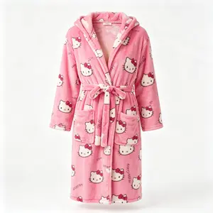 Sanrio Hello Kitty Coral Fleece Robe Soft Warm Plush Cozy Bathrobe Kawaii Loose Home Loungewear for Girls & Women