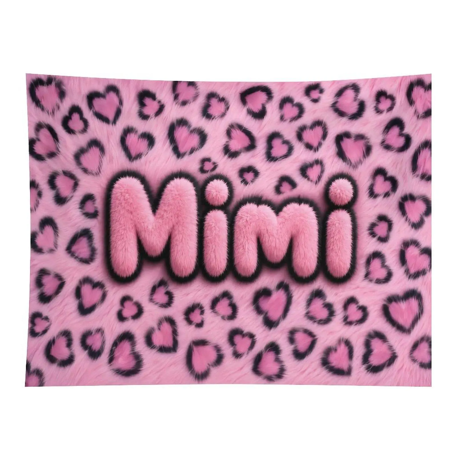 Fluffy Pink Heart Leopard Texture Mimi Letter Tapestry Y2K Cute Girly Style Wall Art Hanging For Bedroom Interior Decor
