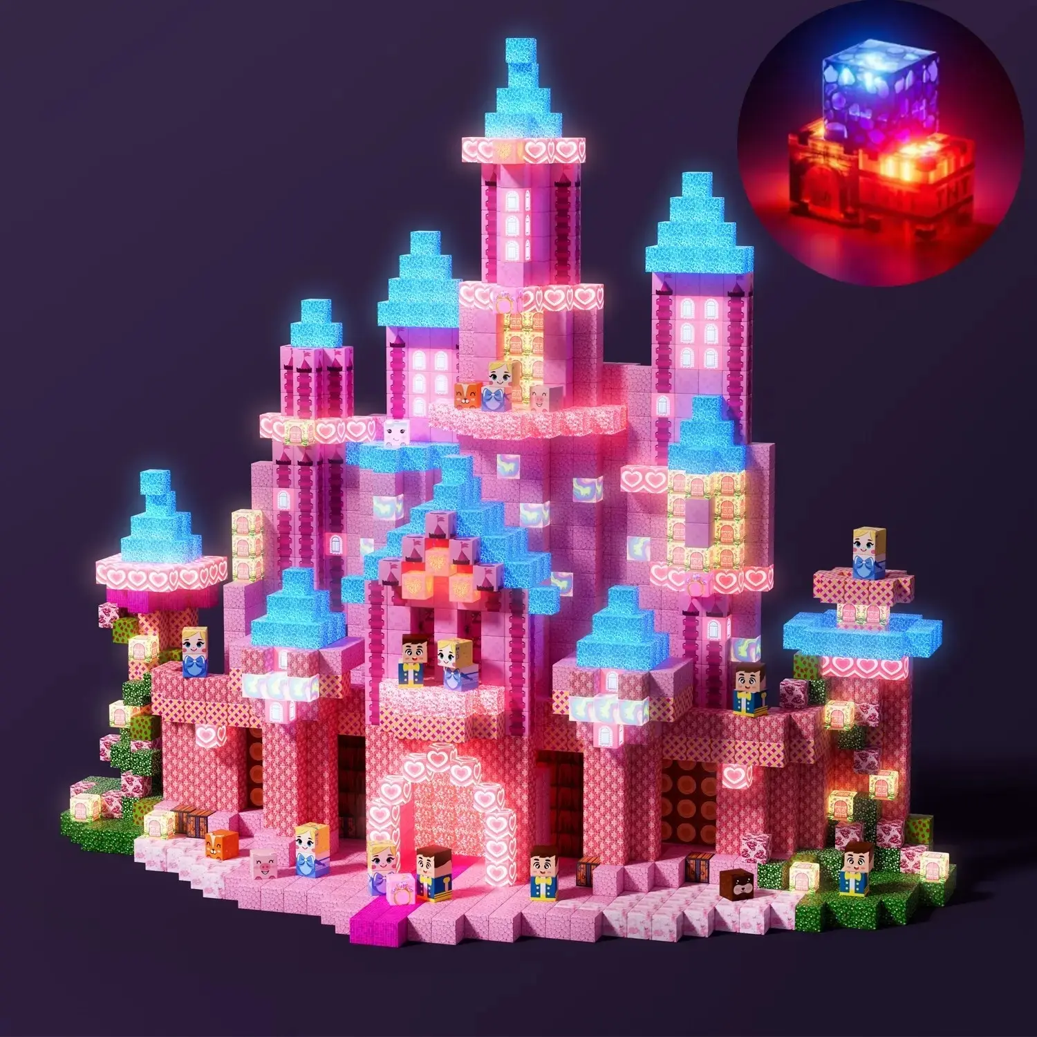 Light Up Pink Princess LED Magnetic Cubes Set, 100-200PCS Luminous Magnetic Building Blocks, Safe 3D Educational Toys, STEM Montessori Birthday Christmas Gifts for Toddler Girls Boys, Building Block Kit