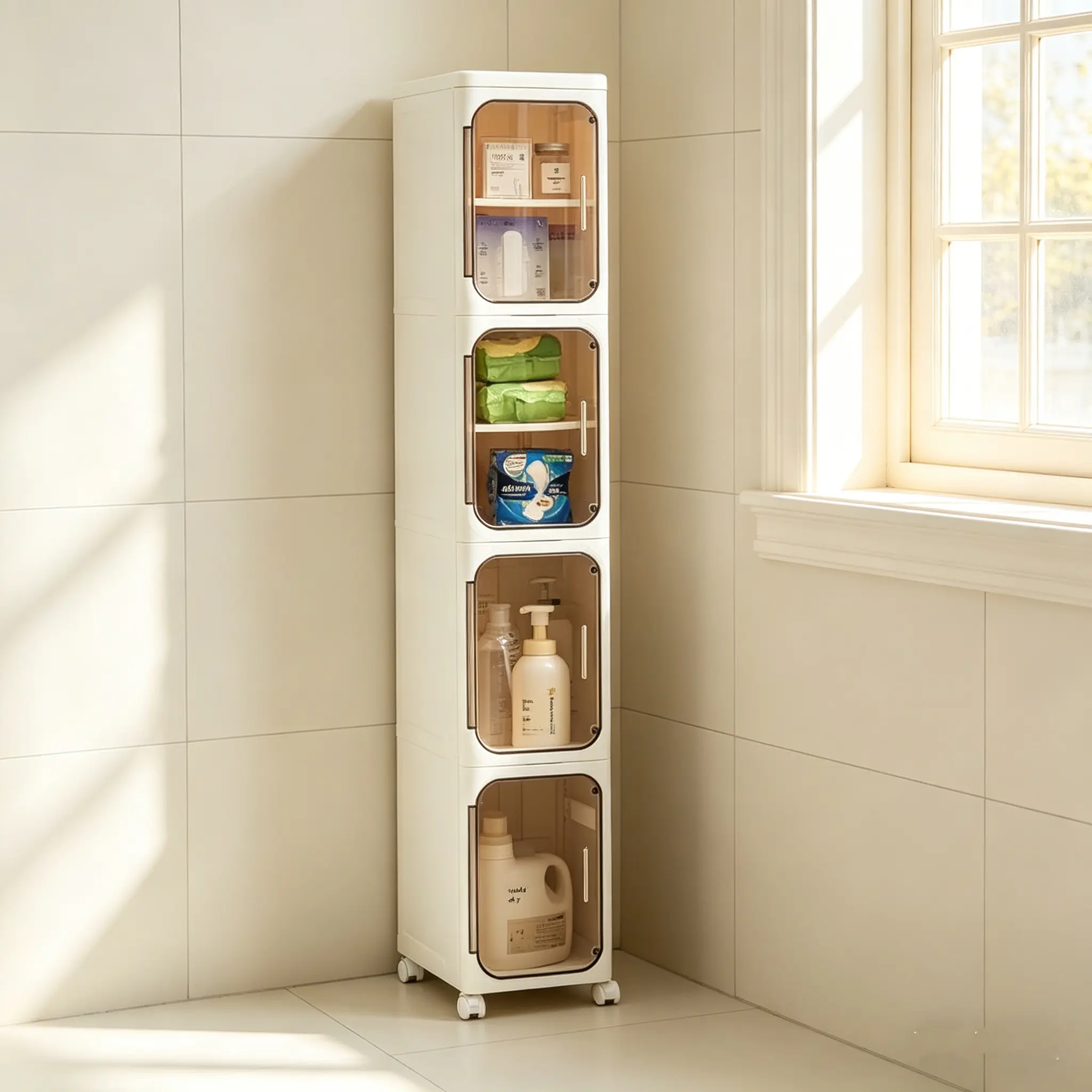 Grey Freestanding 4-Tier Slim Space-Saving Storage Cabinet - Foldable Plastic, Moisture-Resistant, with Drawers, Doors, Wheels, Adjustable Shelves, Stackable Design for Bathroom, Kitchen, Laundry Room Small Spaces