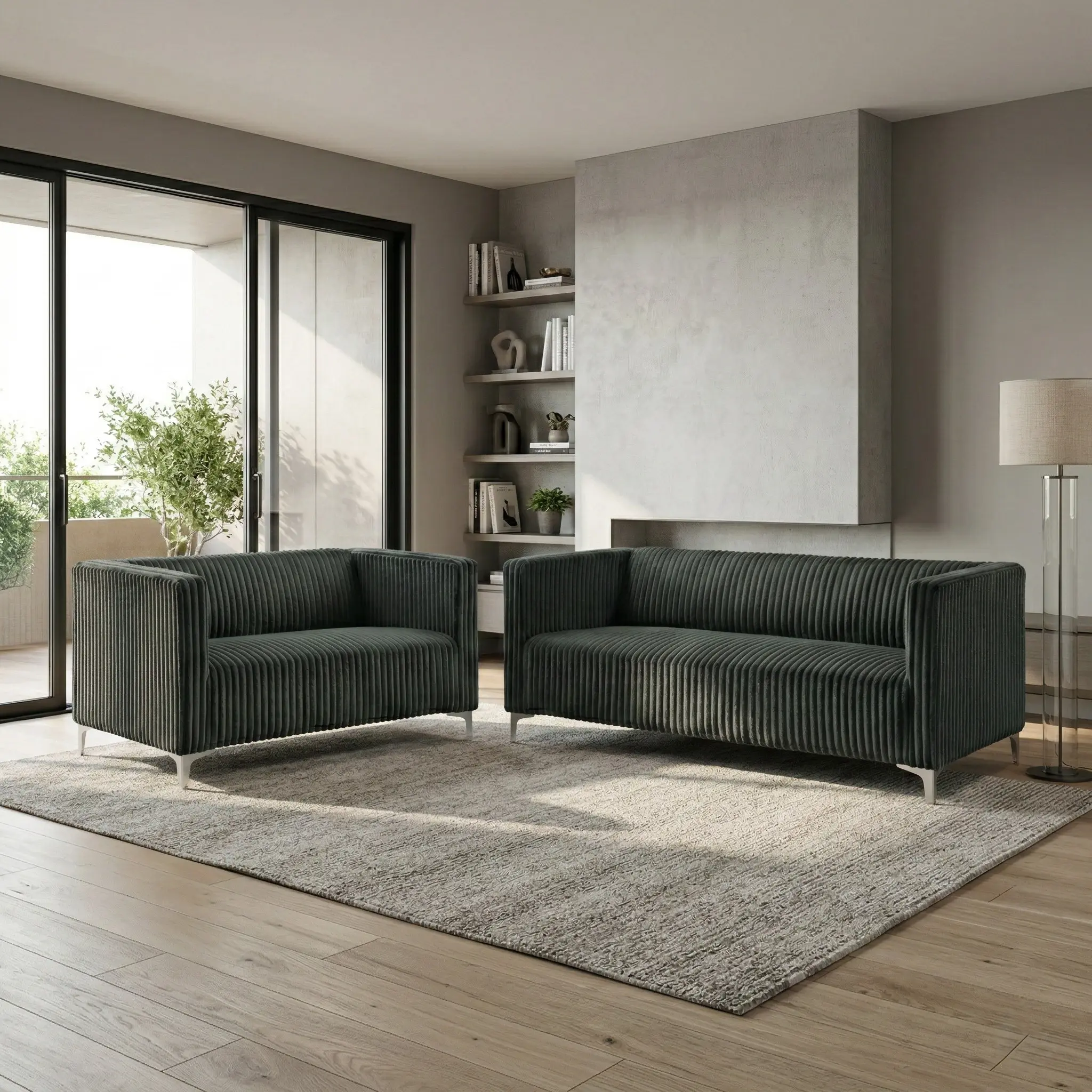 Favorer Gavin 2-Piece Velvet Indoor Living Room Furniture Set, Square Arm Sofa and Loveseat with Channel Tufted Upholstery for Living Room Decor