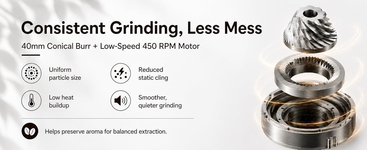 Stainless Steel Conical Burr Coffee Grinder - Anti-Static Burr Mill with Precision Timer, LED Touch Screen, 48 Settings, Grinding Control for Espresso, Pour Over, Cold Brew (Metallic Silver)
