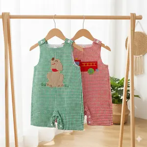Baby Boy Gingham Rompers - Embroidered Dog & Fire Truck Appliqué, Summer Infant Overalls Bodysuit Outfit, Embroidery