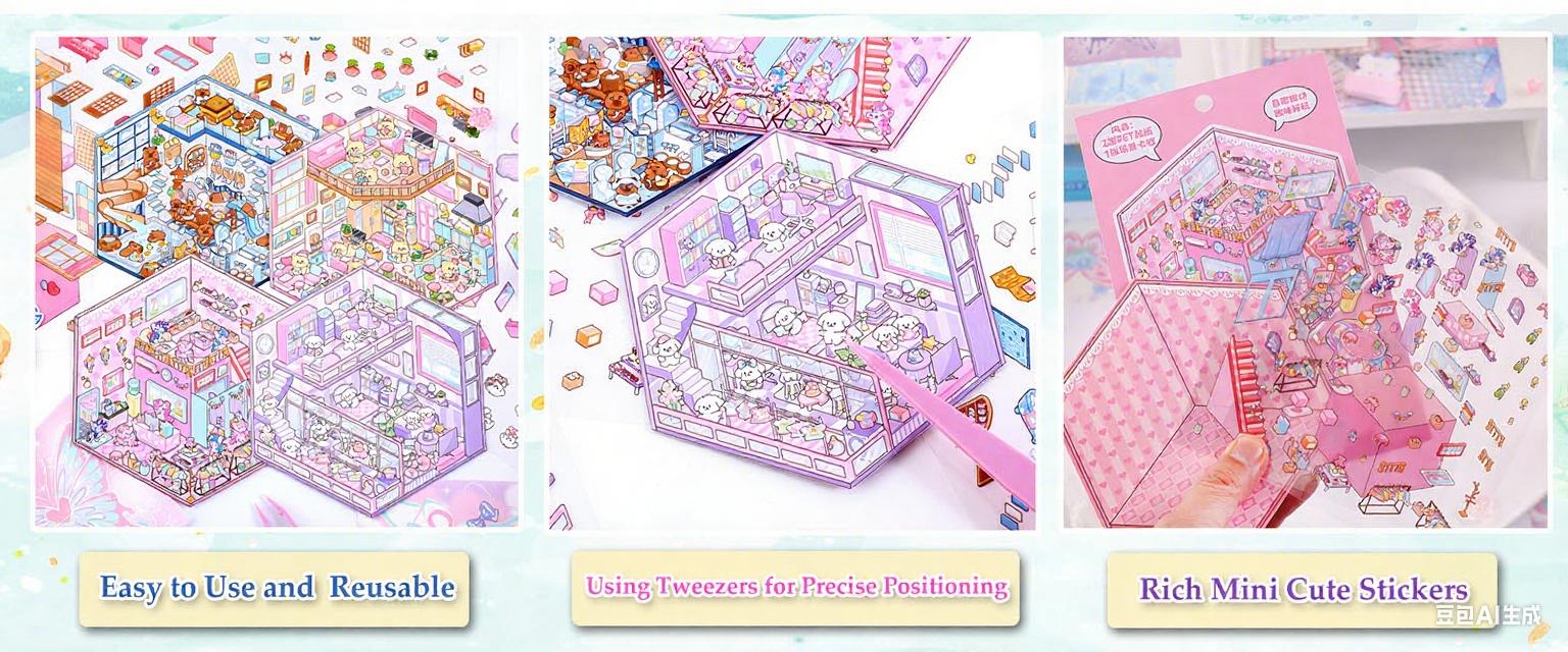 3D Sticker Scenes: Therapeutic Sticker Art for Adults—Featuring 4 Exquisite Isometric 3D DIY House Scenes; A Charming Art Sticker Collection Designed Especially for Girls