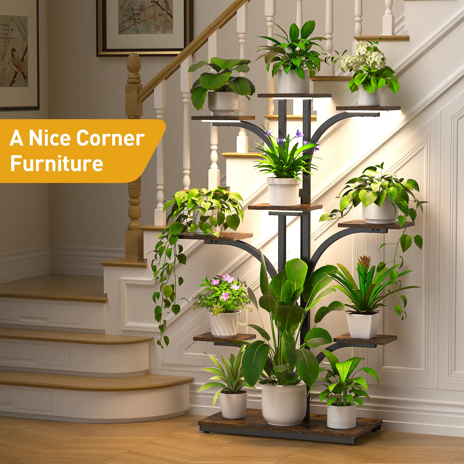 Plant Stand Indoor with Grow Lights, 64" Tall plant Shelf, 9 Tiered Corner plant Shelves for Indoor plants Multiple, Large Flower Display Holder, Tree-Shaped Plant Rack for Home, Living Room, Patio Decor