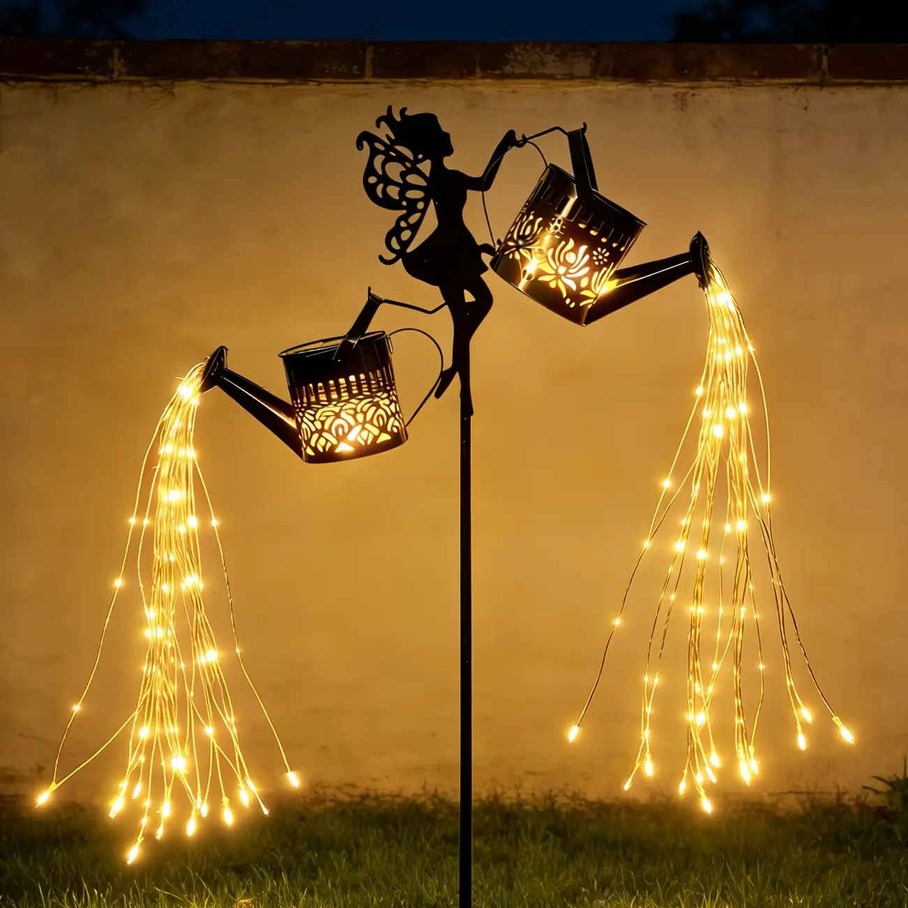 Newly upgraded outdoor courtyard solar lawn lights, fairy water kettle waterfall flowing lights with 150 warm white LED flashing beads, IP44 waterproof solar garden outdoor decorative lights, solar rose patterned pendant lights for outdoor party