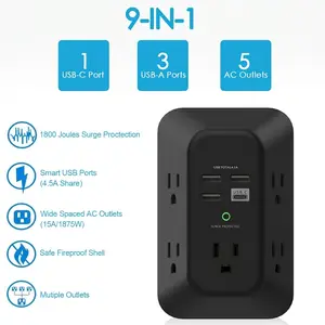 USB Wall Charger Surge Protector -  5 Outlet Extender with 4 USB Charging Ports (1 USB C), 3-Sided 1800J Power Strip Multi Plug Outlets Adapter Widely Spaced,Black