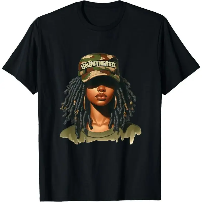 100% Cotton Melanin Unbothered Black Woman Locs Camo Black History Month T-Shirt Top Vintage Womenswear Everyday women's graphic tees