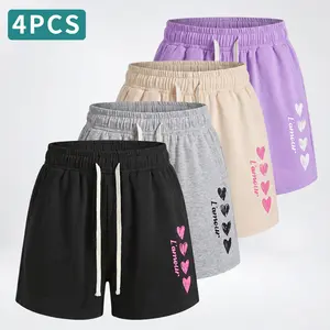 95% polyester fabric, 4-pack women’s casual athletic shorts available in four colors, featuring stylish graphic prints; suitable for running and everyday workouts, comfortable casual wear, ideal for outdoor activities and sports runs.