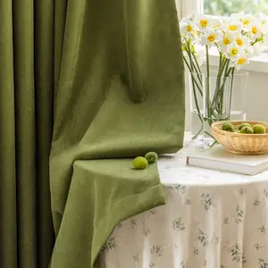 French Vintage Olive Bedroom Curtain, Light Blocking Chenille Drapes, Mid-Century Style Master Bed Living Room Bay Window