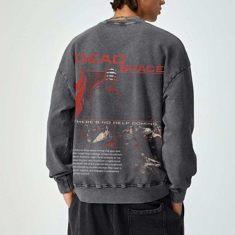 Vintage - inspired Washed Hoodless Sweatshirt with Dead Space Motif Heavy - Duty Washed Sweatshirt with Dead Space Design
