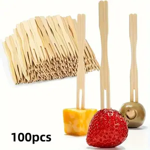 Bamboo Fruit Fork (100pcs), Disposable Mini Fork, Fruit Dessert Fork, Party Tableware for Wedding, Cocktail Party, Picnic, Party Supplies