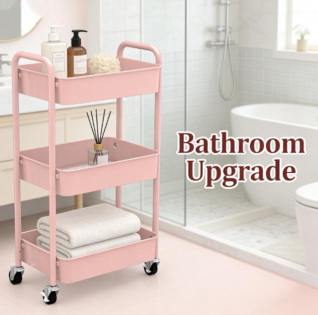 3-Tier Rolling Metal Storage Organizer Mobile Utility Cart with Caster Wheels Pink Blade Stand Durable Powder-Coated Steel Frames Mesh Baskets Easy Installation