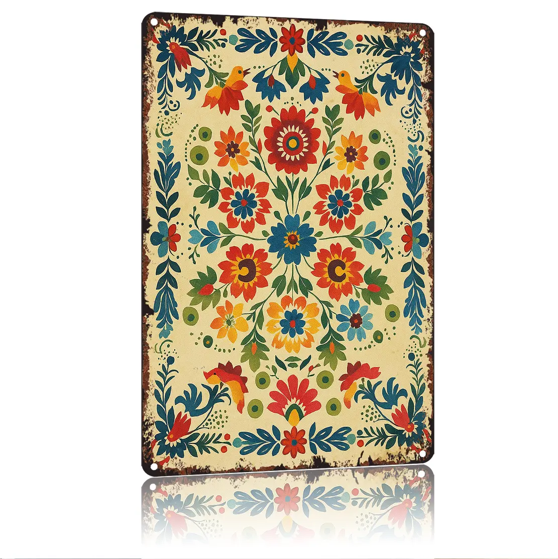 8x12 in Vintage Mexican Flower Print Metal Rectangle Wall Plaque - Outdoor Safe Artistic Home Accessory, Vintage Plaque Decoration, Aluminium Tin Sign for Living Room Backyard Balcony Home Decor Supplies