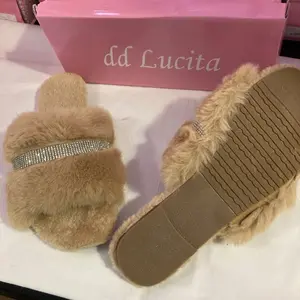 dd Lucita Camel Faux Fur Bling Slippers Fuzzy Warm Women Brown Carmels