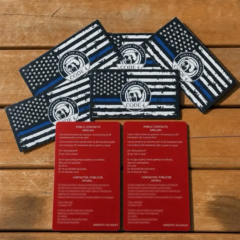5 Piece Thin Blue Line Flag Código 4 – Humanizing the Badge | Set de 5 Calcomanías Línea Azul para Auto y Hogar