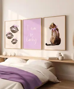 Purple I Am So Lucky Set of 3 Leopard Wall Art Cheetah Lips Print Coquette Bow Trendy Animal Poster Girly Aesthetic Home Décor Art