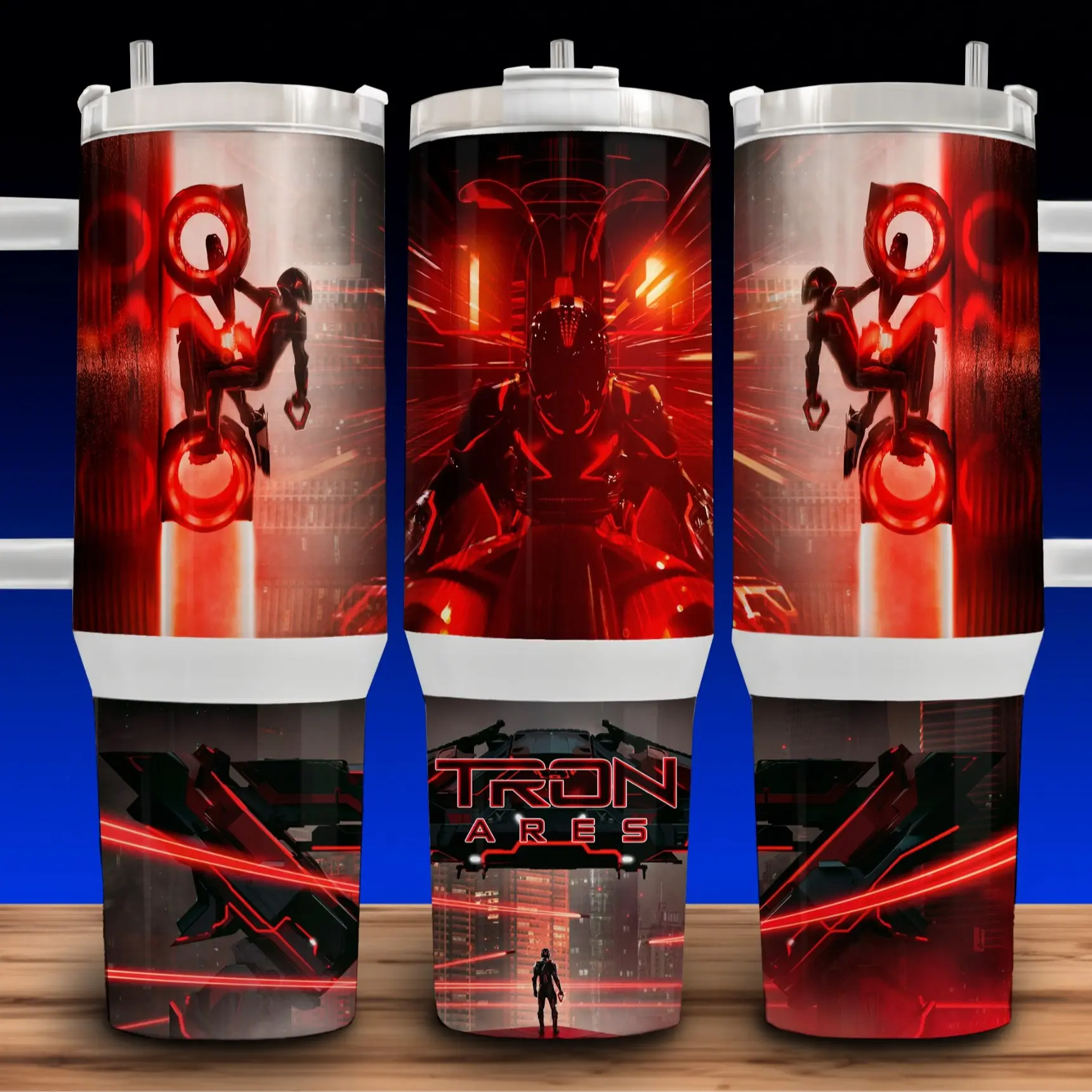40oz Tron Ares 2025 Movie Light Cycle Up Building Cup Mug Tumbler with Handle - Lid and Straw  Stainless Steel Beverage Glossy Reusable Insulated