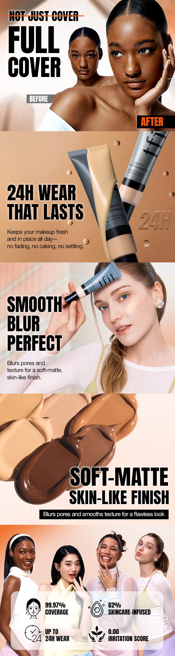 [TFIT OFFICIAL] Makeup Routine Base Set - 30g Sleek Fit Cover Foundation (62% Skincare Infused, Soft Matte Full Coverage), 30ml Delicate Silk Veil Art Primer (Poreless Blur, Sebum Control), 30 Shades