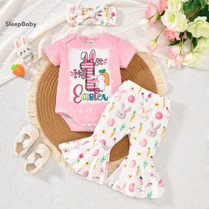 Baby 3 Pcs Set Girl Easter Outfit Short Sleeve Romper Egg Print Flare Pants Bow Headband  Ewborn Bunny Carrot Romper Set