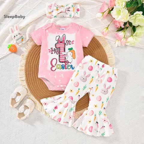 Girl's 3-Piece Infant Clothing Easter Gift Set - 6-9 Months Polyester Short Sleeve Romper, Egg-Print Cute Flare Pants & Bow Headband Matching Outfit (3-Piece Combo for Baby Gifting)