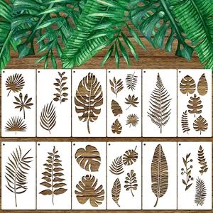 12 Pieces Tropical Fern Leaf Painting Stencils Large Reusable Palm Turtle Leaf Wall Stencil Flexible Botanical Leaves Template Set Crafts for Furniture Canvas Wood Plank (6 x 12 Inches)