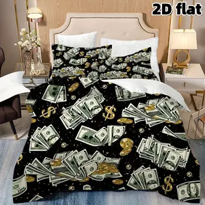 2D Flat 3Pcs Rich Money Design Duvet Cover, Luxury Bedding for Modern Homes, Soft Microfiber Comforter with Golden Dollar Signs and Coins (1 Cover+2 Pillowcases, Unfilled)-Perfect Bedroom Decor, Adults Teenagers, Bed Sets