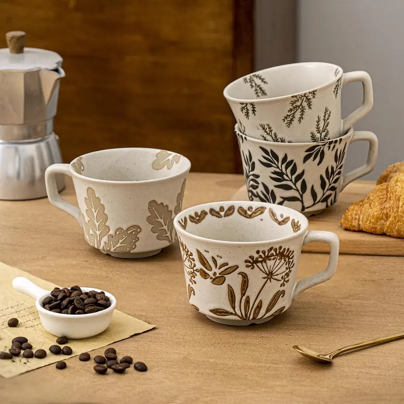 Leaf Pattern Ceramic Coffee Cup, 4 Counts/set Coffee Making Tool, Coffee Making Tool for Home Kitchen, Kitchen Accessories, Tea, Stylish Drinkware