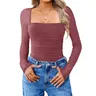 Avidlove Women's Square Neck Mesh Long Sleeve Bodysuit Shirts Ruched Body Suit Sheer Tops Date Night Outfit All-season Thin Runs Small Matching Casual