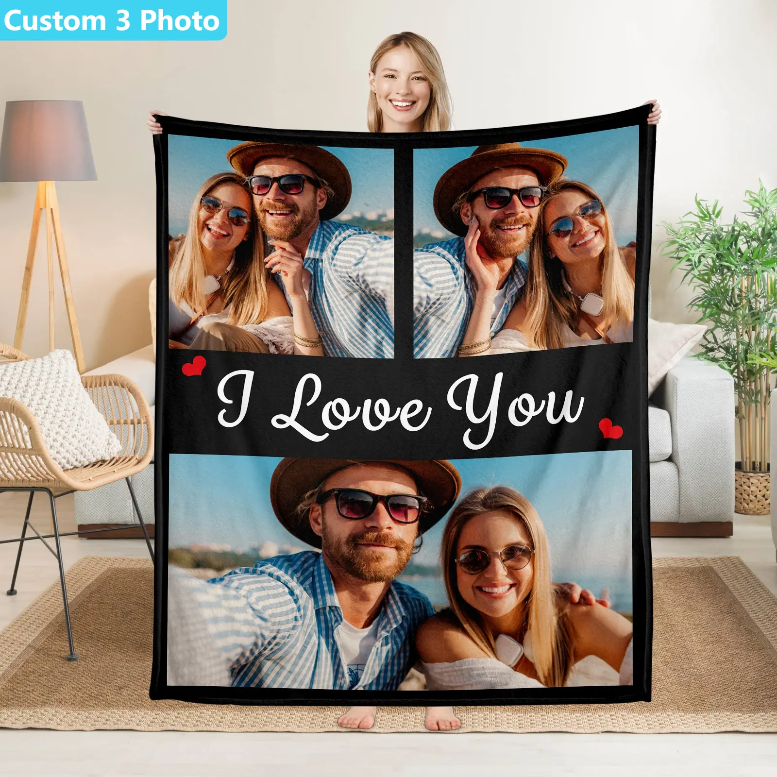 Custom 3-Photo Couple-Themed Flannel Throw - Custom Graphic Blanket Gift for Spouses - Valentines/Anniversary - 280GSM Soft Reversible Couch/Travel Decor with Soft Blanket Vibes, Couple-Themed Blankets