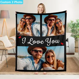 50x60inch Custom 3 Photo Couples Flannel Blanket - Personalized Gift for Wife Husband Couples - Valentines Anniversary Wedding Birthday - Soft 280GSM Reversible Throw - Great for Couch Bed Travel Decor