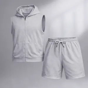 Men's athletic drawstring vest and hoodie set, perfect for spring and summer. This casual summer set includes a vest/hoodie and a pair of shorts, ideal for everyday wear and workouts. Two-piece design.