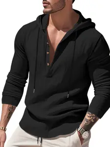 Men's Loose Fit Linen Hooded Shirt, Breathable Long Sleeve Outdoor Beach Henley Base Layer, Casual Fashionable Fitted Top for Spring & Fall