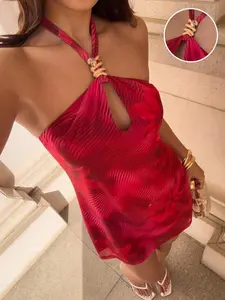 Women's Red Floral Halter Mini Dress | Mesh Backless A Line Party Dress | Elegant Vintage Vacation Outfit
