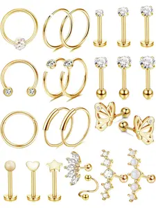 24PCS 16G Cartilage Earring for Women Men Steel Cartilage Stud Earring Hoop Set Lip Rings CZ Opal Hypollergenic Screw Back Earrings Helix Daith Conch Tragus Piercing Jewelry Cubic Zirconia Jewelry