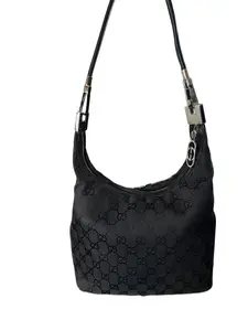 Pre-owned GUCCI Cloth/Leather Shoulder Bags Black Hobo Tote Bag with GG Print and Silver Hardware