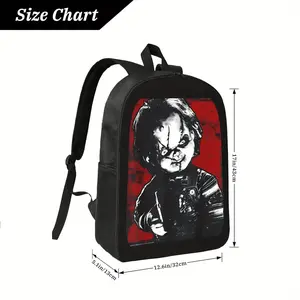 Creepy Doll with Knife Backpack - Matte Black College Backpack with Full Zipper Closure, Horror Movie Bag for Men, Durable Polyester Bookbag for School, Travel, Cosplay - Spooky Gift for Horror Fans, Travel Carryall, Playful Design, Sturdy Construction,
