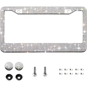 Bling License Plate Frame for Women,Sparkle  Bedazzled Rhinestone License Plate Frames with 1400 count Rhinestones, Handcrafted   Stainless Steel Frame with Screw Caps (White)