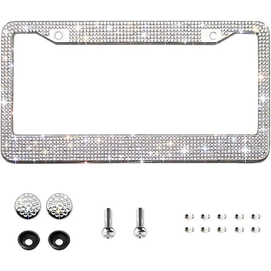 Bling License Plate Frame for Women,Sparkle  Bedazzled Rhinestone License Plate Frames with 1400 count Rhinestones, Handcrafted   Stainless Steel Frame with Screw Caps (White)