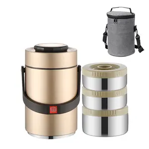 Triple-layered stackable insulated food jar 2.3L bento lunch box made of Stainless Steel Ideal for School, Office, Picnic Comes with a Gold Insulated Bag