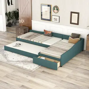 L Shaped Bed Upholstered Double Twin Size Daybed with Trundle and Drawer, with Wooden Slats, No Box Spring Needed - Green