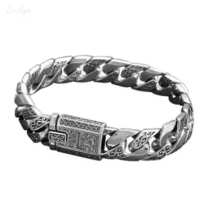 Vintage Engraved Floral Curb Chain Bracelet, Antiqued Silver Plated Thick Cuban Link Wrist Band, Retro Scroll Filigree Toggle Clasp Masculine Jewelry for Men Biker Street Styling