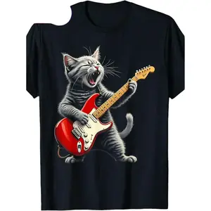 Men's Retro Rock Star Cat Playing Guitar Graphic T-Shirt Soft Cotton Short Sleeve Round Neck Black With Vibrant Red Guitar Design Casual Fun Music Themed Tee For All Seasons