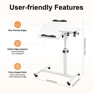 Height Adjustable Laptop Table Rolling Desk with Locking Wheels Mobile Computer Workstation for Bedroom Office White Modern Study Desk 40x40cm Tilt Top